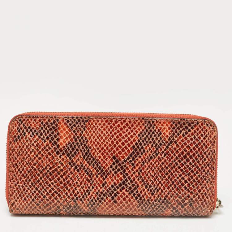 Pre Owned Michael Kors Orange/Brown Snakeskin Embossed Leather Jet Set Zip Around Wallet