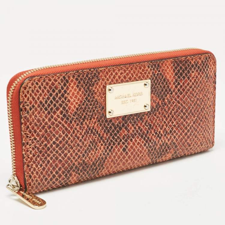 Pre Owned Michael Kors Orange/Brown Snakeskin Embossed Leather Jet Set Zip Around Wallet