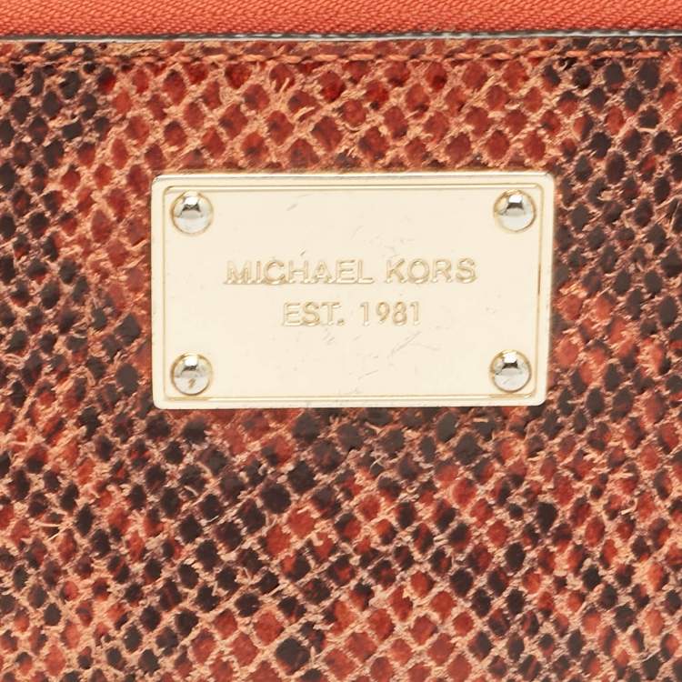 Pre Owned Michael Kors Orange/Brown Snakeskin Embossed Leather Jet Set Zip Around Wallet