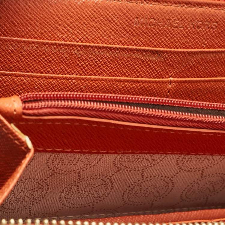 Pre Owned Michael Kors Orange/Brown Snakeskin Embossed Leather Jet Set Zip Around Wallet