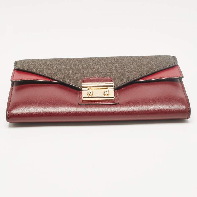 Pre Owned Michael Kors Burgundy Coated Canvas Leather Clutch