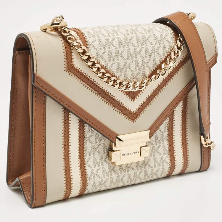 Pre Owned Michael Kors Beige/Brown Signature Coated Canvas and Leather Large Whitney Shoulder Bag