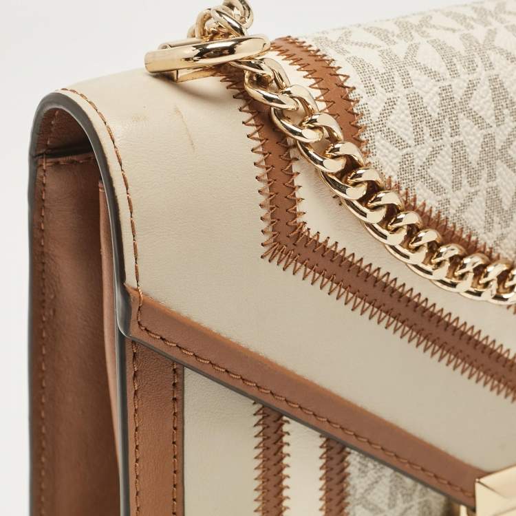 Pre Owned Michael Kors Beige/Brown Signature Coated Canvas and Leather Large Whitney Shoulder Bag