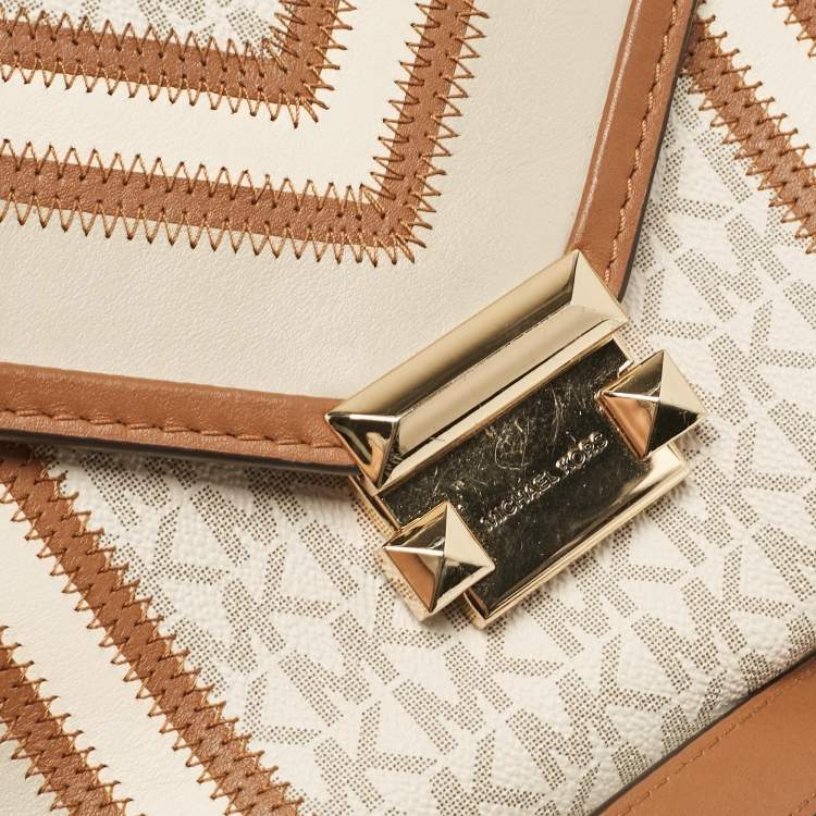 Pre Owned Michael Kors Beige/Brown Signature Coated Canvas and Leather Large Whitney Shoulder Bag