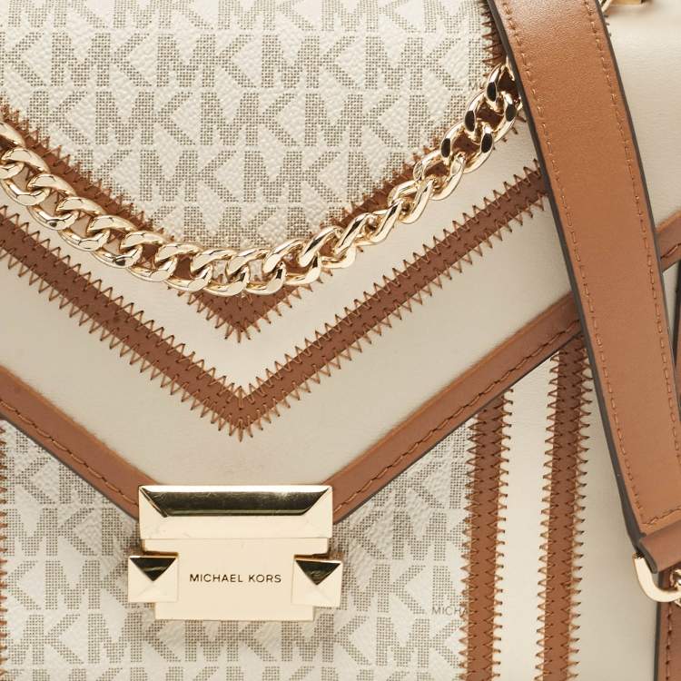 Pre Owned Michael Kors Beige/Brown Signature Coated Canvas and Leather Large Whitney Shoulder Bag