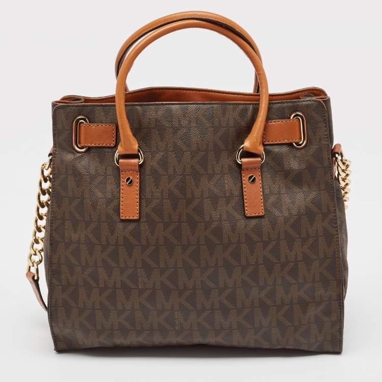 Pre Owned Michael Kors Brown Signature Coated Canvas and Leather Hamilton North South Tote