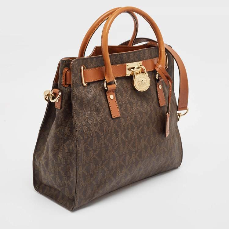 Pre Owned Michael Kors Brown Signature Coated Canvas and Leather Hamilton North South Tote