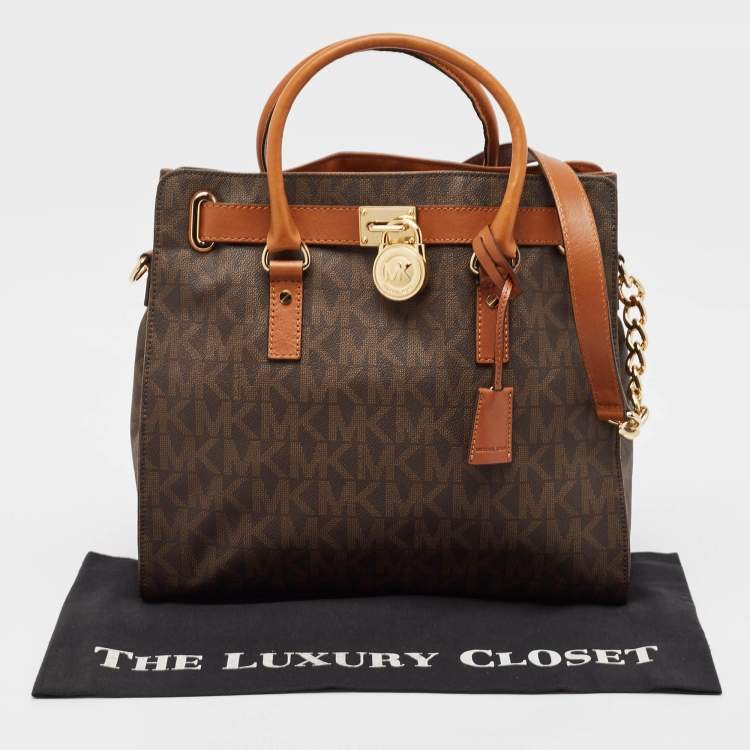 Pre Owned Michael Kors Brown Signature Coated Canvas and Leather Hamilton North South Tote