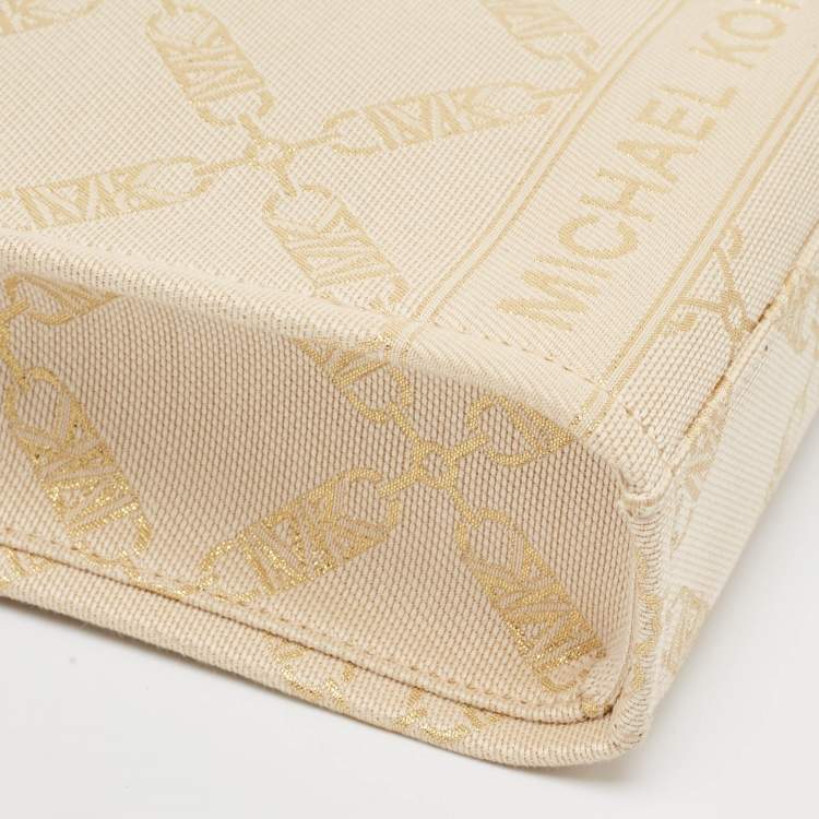 Pre Owned Michael Kors Beige/Gold Empire Logo Jacquard Canvas Extra-Small GIgi Crossbody Bag
