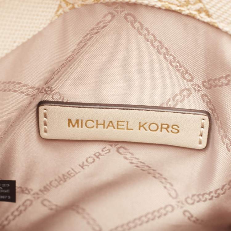 Pre Owned Michael Kors Beige/Gold Empire Logo Jacquard Canvas Extra-Small GIgi Crossbody Bag