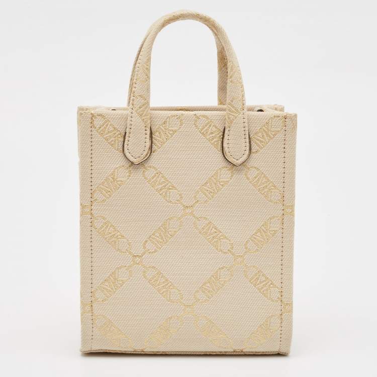Pre Owned Michael Kors Beige/Gold Empire Logo Jacquard Canvas Extra-Small GIgi Crossbody Bag