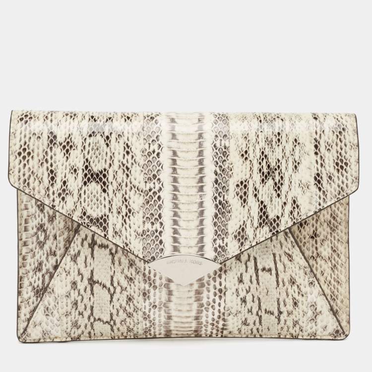 Michael Kors White Black Watersnake Leather Barbara Envelope Clutch Michael Kors The Luxury Closet