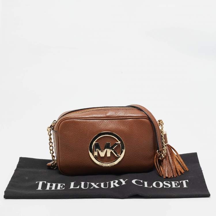 Pre Owned Michael Kors Brown Leather Logo Camera Crossbody Bag