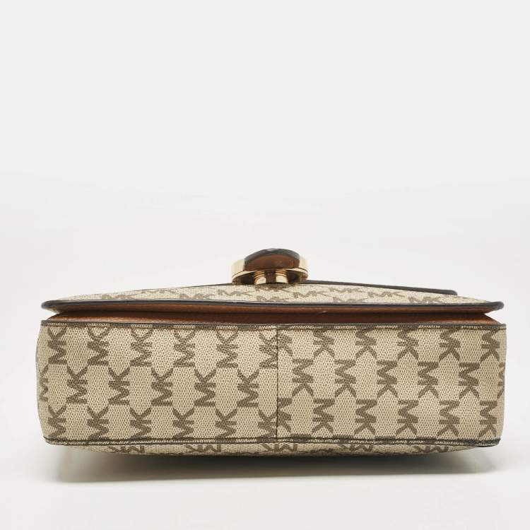Pre Owned Michael Kors Beige/Brown Signature Coated Canvas and Leather Fulton Crossbody Bag