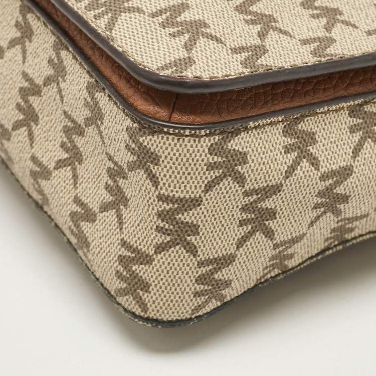 Pre Owned Michael Kors Beige/Brown Signature Coated Canvas and Leather Fulton Crossbody Bag