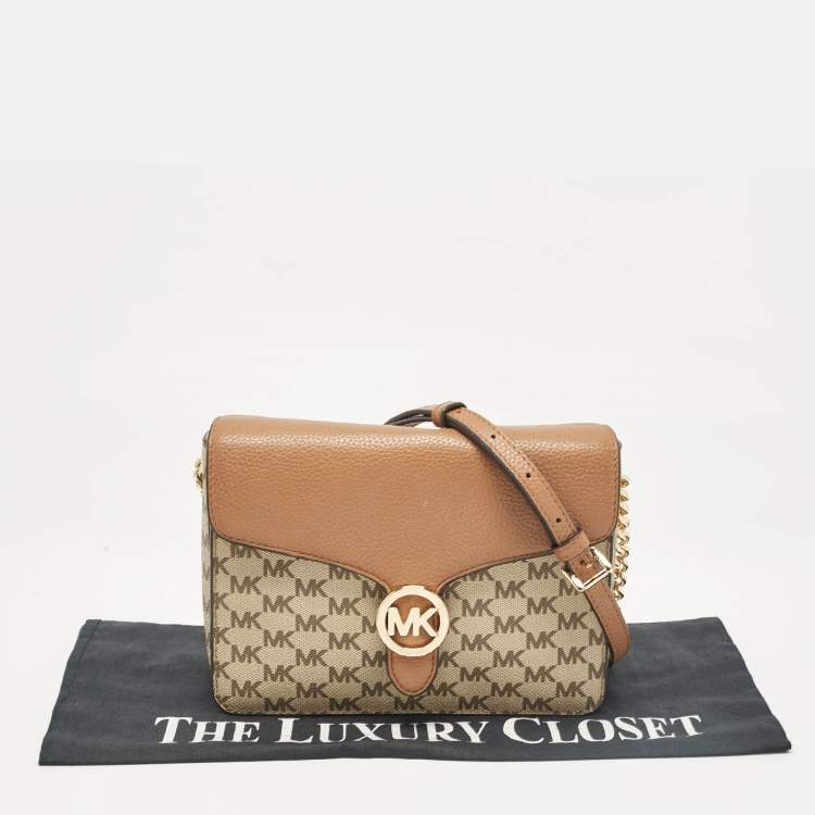 Pre Owned Michael Kors Beige/Brown Signature Coated Canvas and Leather Fulton Crossbody Bag