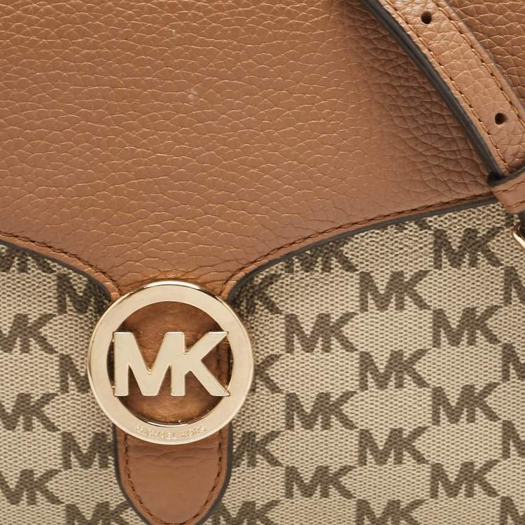 Pre Owned Michael Kors Beige/Brown Signature Coated Canvas and Leather Fulton Crossbody Bag