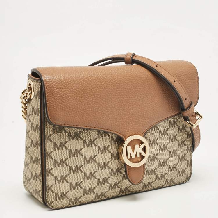 Pre Owned Michael Kors Beige/Brown Signature Coated Canvas and Leather Fulton Crossbody Bag