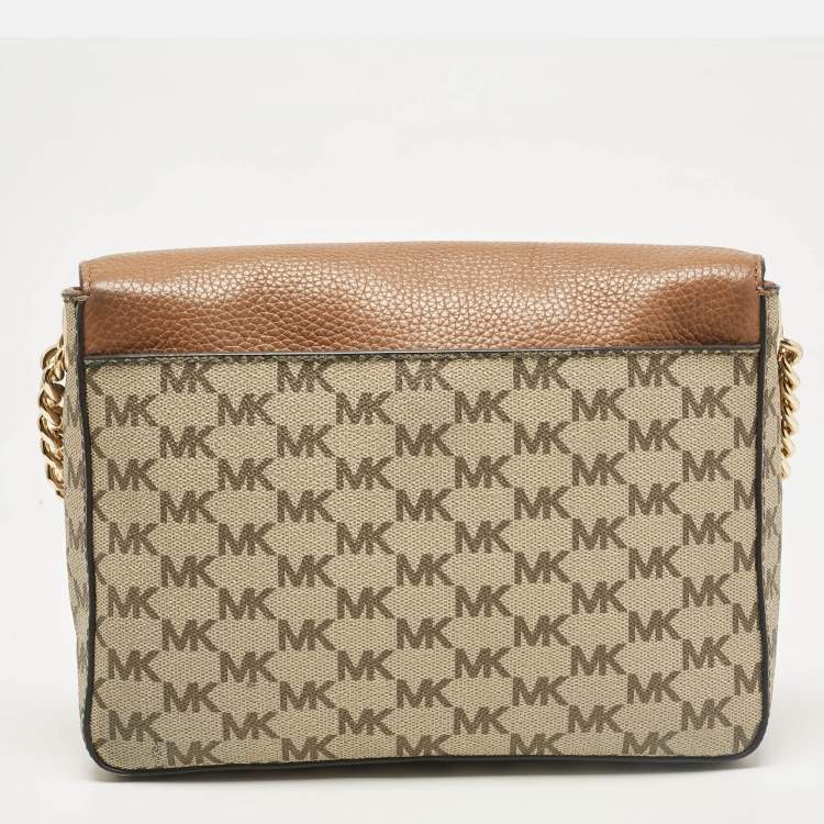 Pre Owned Michael Kors Beige/Brown Signature Coated Canvas and Leather Fulton Crossbody Bag