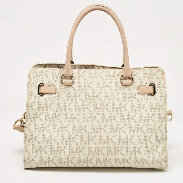 Pre Owned Michael Kors Beige/Off White Signature Coated Canvas and Leather East/West Hamilton Tote