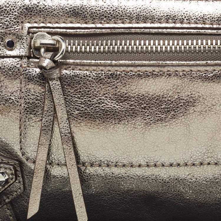 Pre Owned Michael Kors Metallic Grey Leather Fallon Wristlet Clutch