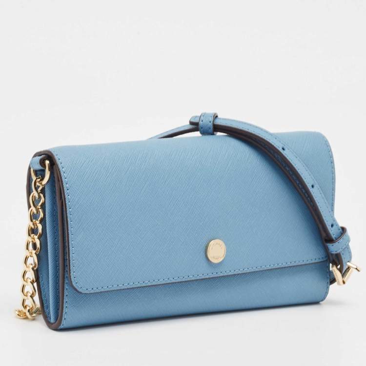 Pre Owned Michael Kors Light Blue Leather Jet Set Travel Wallet On Chain