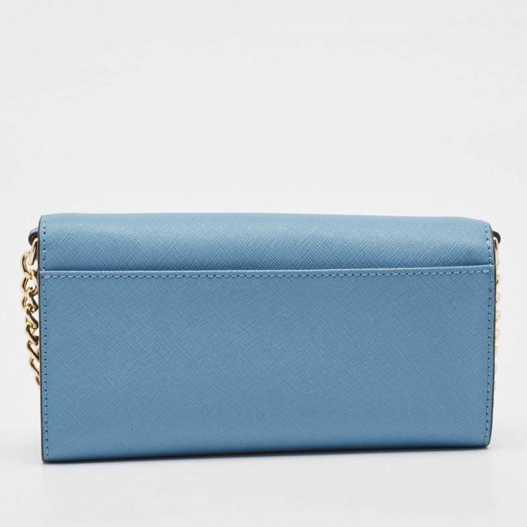 Pre Owned Michael Kors Light Blue Leather Jet Set Travel Wallet On Chain