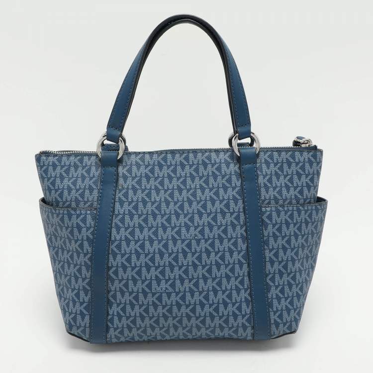 Pre Owned Michael Kors Blue Signature Coated Canvas and Leather Sullivan Satchel