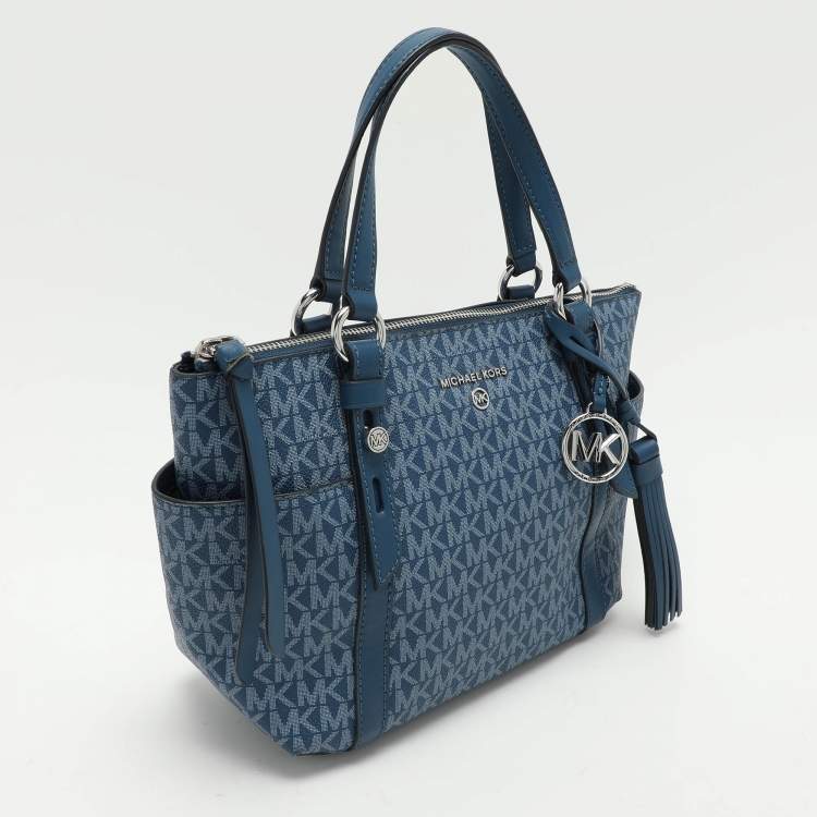 Pre Owned Michael Kors Blue Signature Coated Canvas and Leather Sullivan Satchel