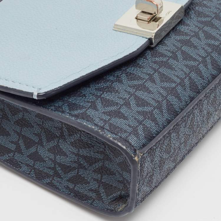 Pre Owned Michael Kors Two Tone Blue Signature Coated Canvas and Leather Crossbody Bag