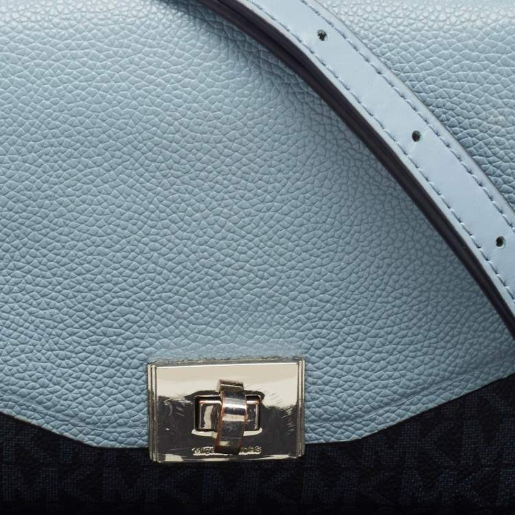 Pre Owned Michael Kors Two Tone Blue Signature Coated Canvas and Leather Crossbody Bag