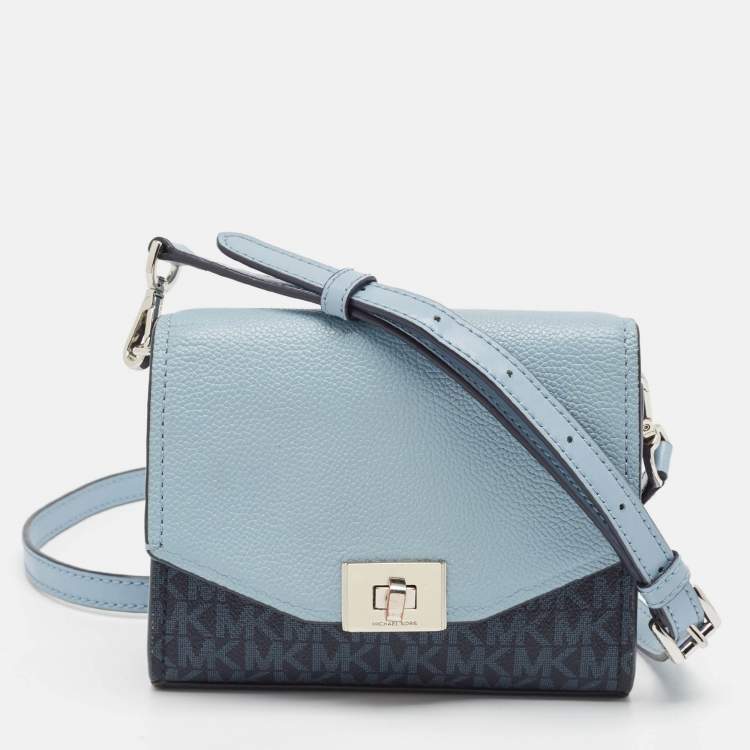 Pre Owned Michael Kors Two Tone Blue Signature Coated Canvas and Leather Crossbody Bag