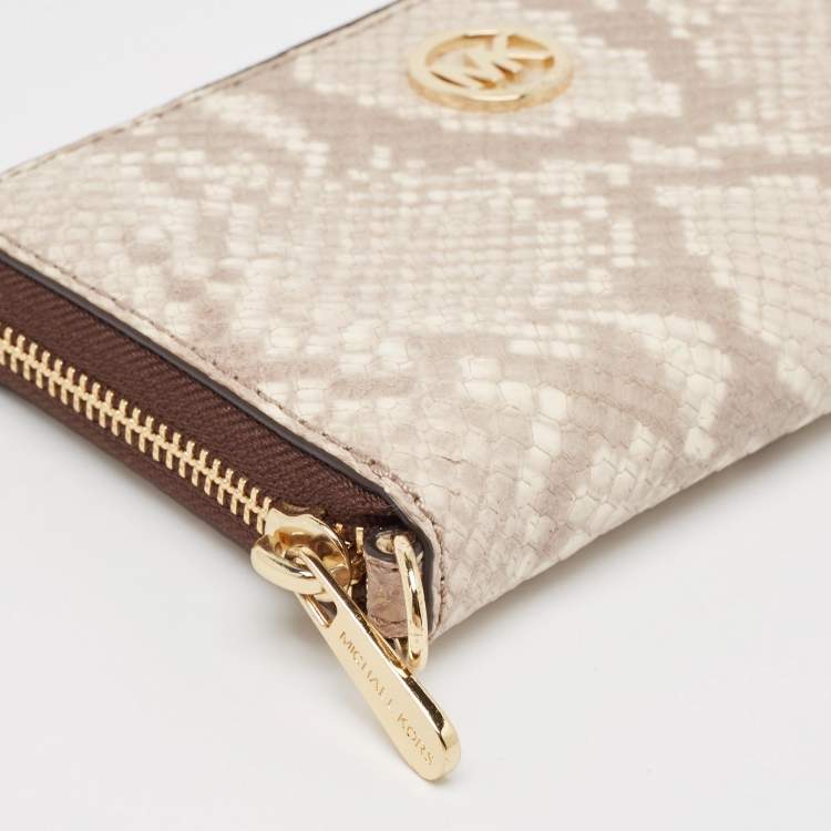 Pre Owned Michael Kors Beige/Brown Snakeskin Embossed Leather Jet Set Zip Around Wallet