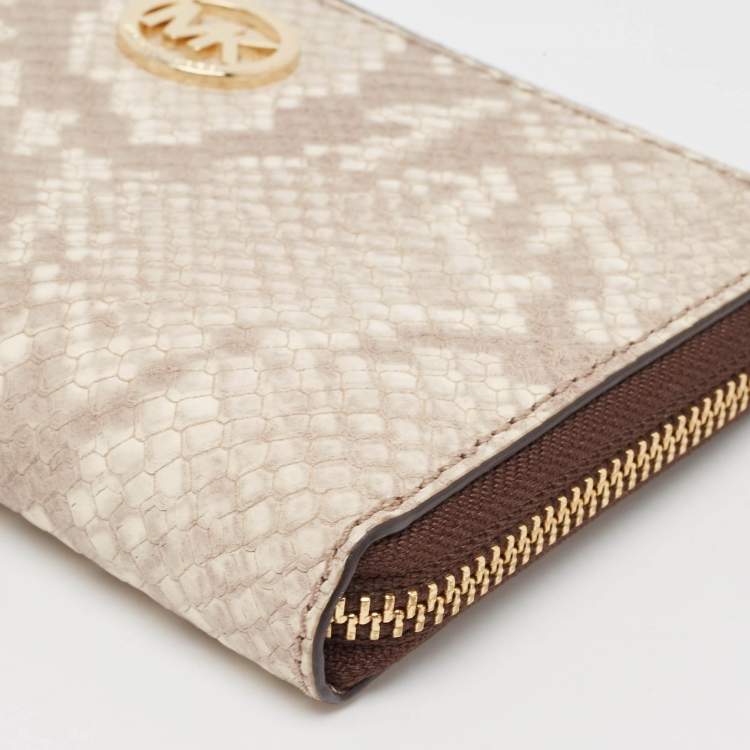Pre Owned Michael Kors Beige/Brown Snakeskin Embossed Leather Jet Set Zip Around Wallet