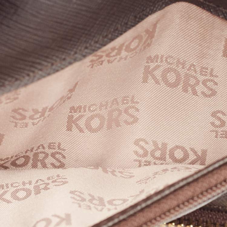 Pre Owned Michael Kors Beige/Brown Snakeskin Embossed Leather Jet Set Zip Around Wallet