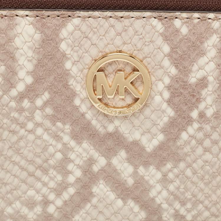 Pre Owned Michael Kors Beige/Brown Snakeskin Embossed Leather Jet Set Zip Around Wallet