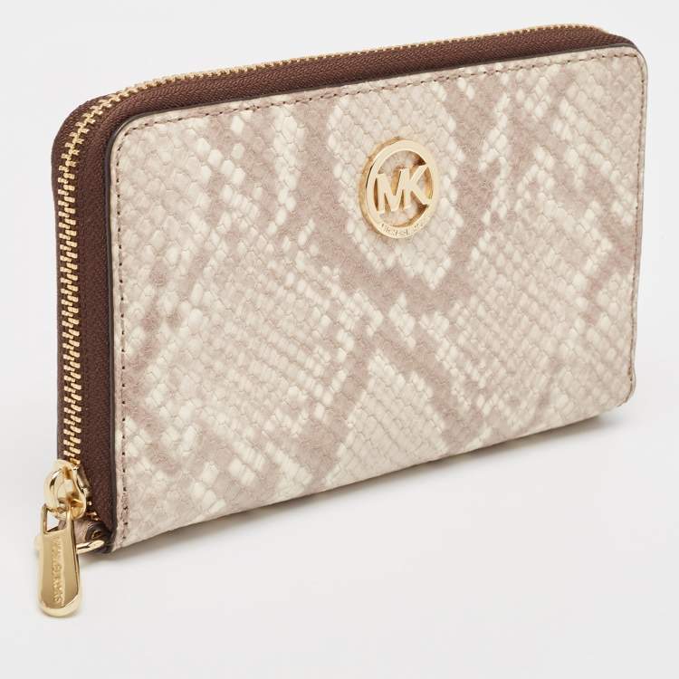 Pre Owned Michael Kors Beige/Brown Snakeskin Embossed Leather Jet Set Zip Around Wallet