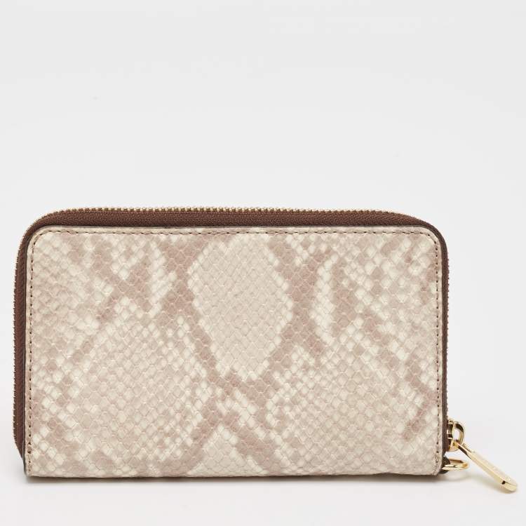 Pre Owned Michael Kors Beige/Brown Snakeskin Embossed Leather Jet Set Zip Around Wallet