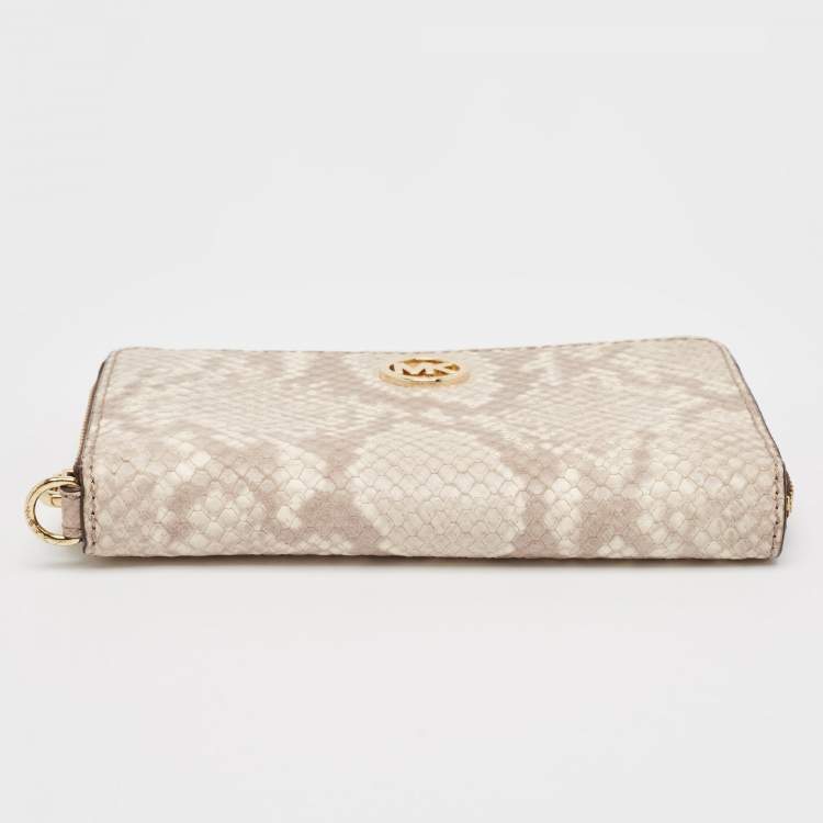 Pre Owned Michael Kors Beige/Brown Snakeskin Embossed Leather Jet Set Zip Around Wallet