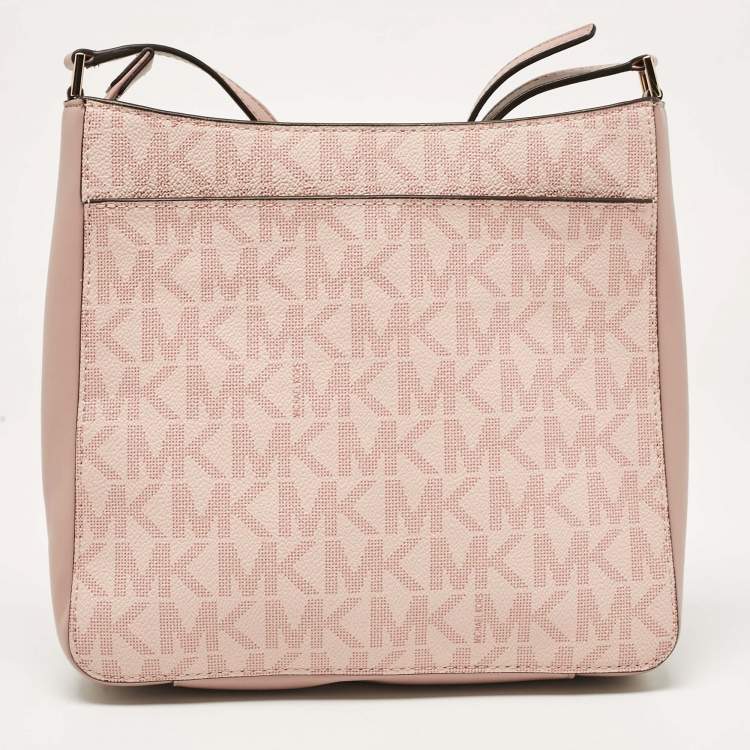 Pre Owned Michael Kors Pink Center Stripe Gloria Signature Coated Canvas and Leather Crossbody Bag
