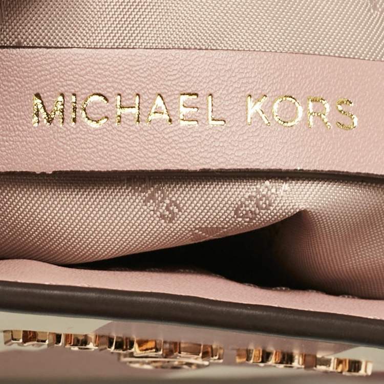Pre Owned Michael Kors Pink Center Stripe Gloria Signature Coated Canvas and Leather Crossbody Bag
