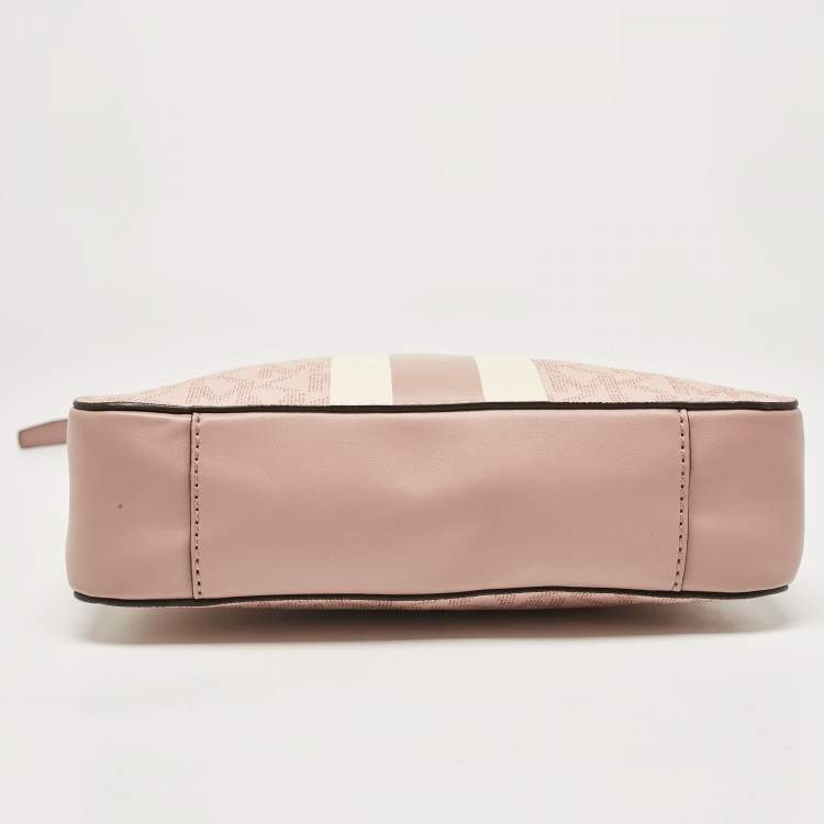 Pre Owned Michael Kors Pink Center Stripe Gloria Signature Coated Canvas and Leather Crossbody Bag
