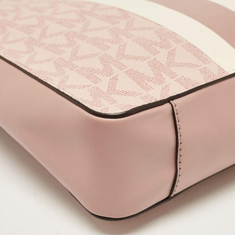 Pre Owned Michael Kors Pink Center Stripe Gloria Signature Coated Canvas and Leather Crossbody Bag