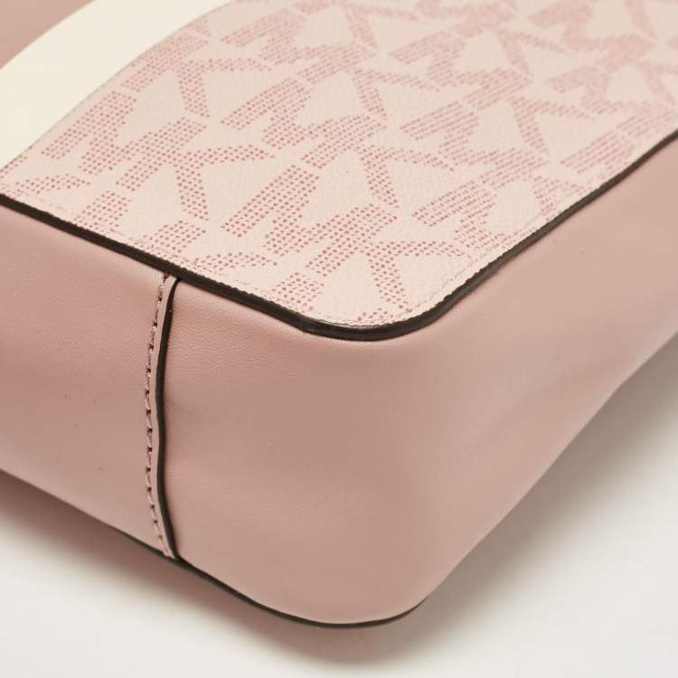 Pre Owned Michael Kors Pink Center Stripe Gloria Signature Coated Canvas and Leather Crossbody Bag