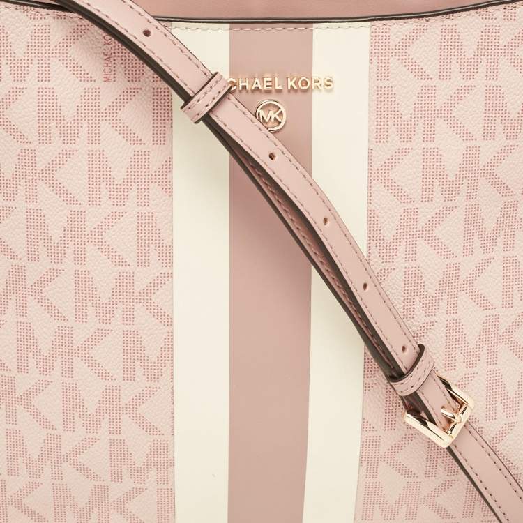 Pre Owned Michael Kors Pink Center Stripe Gloria Signature Coated Canvas and Leather Crossbody Bag