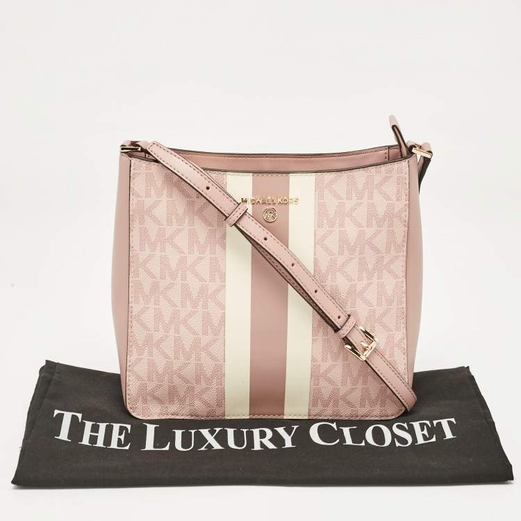 Pre Owned Michael Kors Pink Center Stripe Gloria Signature Coated Canvas and Leather Crossbody Bag