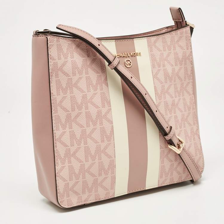 Pre Owned Michael Kors Pink Center Stripe Gloria Signature Coated Canvas and Leather Crossbody Bag
