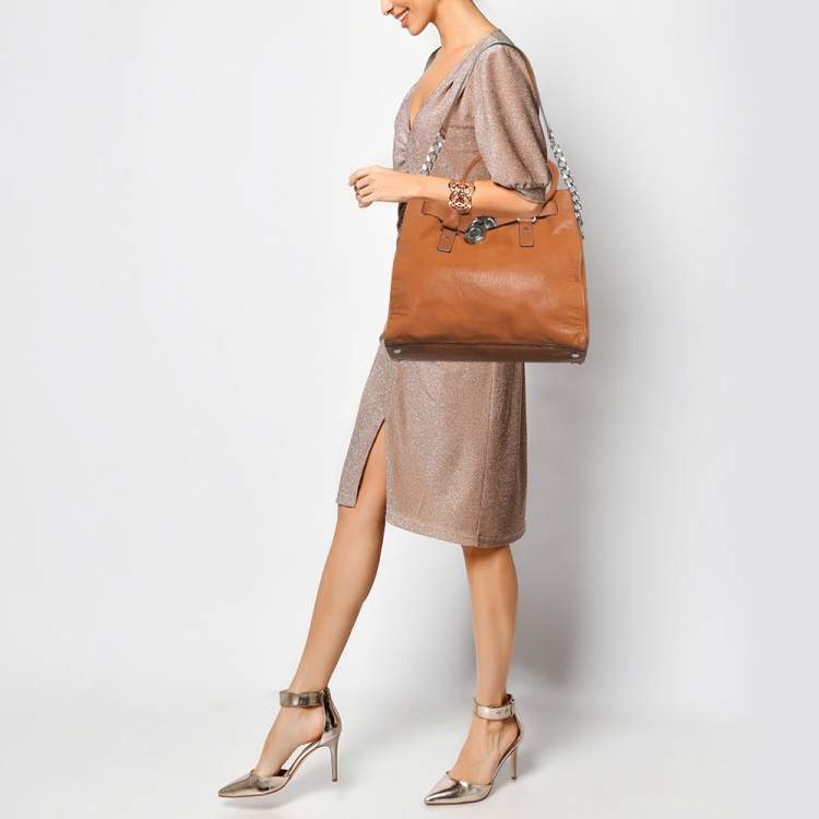 Pre Owned Michael Kors Brown Leather Large Hamilton North South Tote
