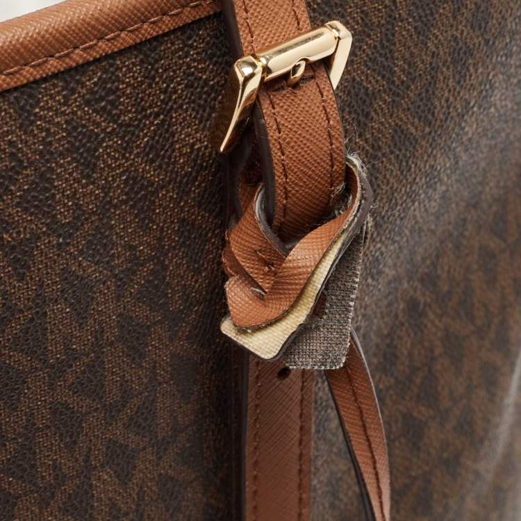 Pre Owned Michael Kors Brown Signature Coated Canvas Jet Set Travel Tote