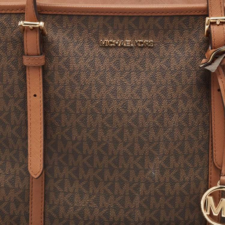 Pre Owned Michael Kors Brown Signature Coated Canvas Jet Set Travel Tote